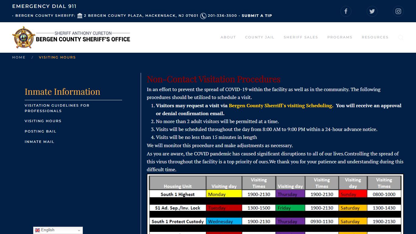 Visiting Hours - Bergen County Sheriff's Office